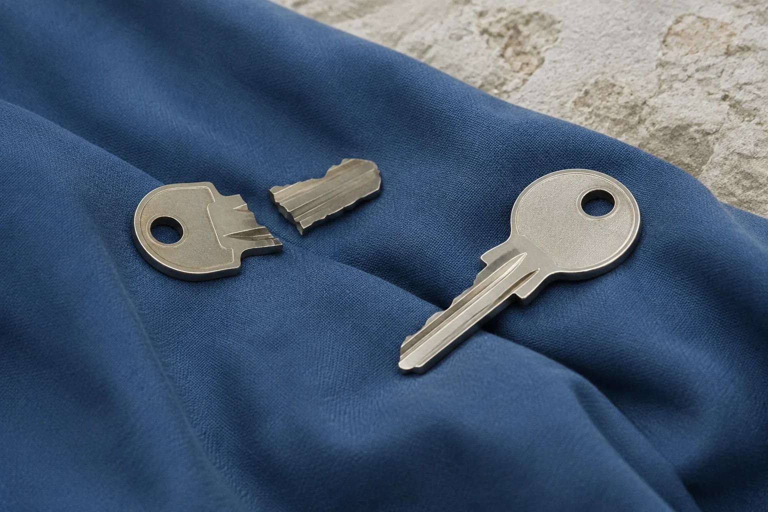 An intact key and a key broken into two pieces resting on blue cloth.