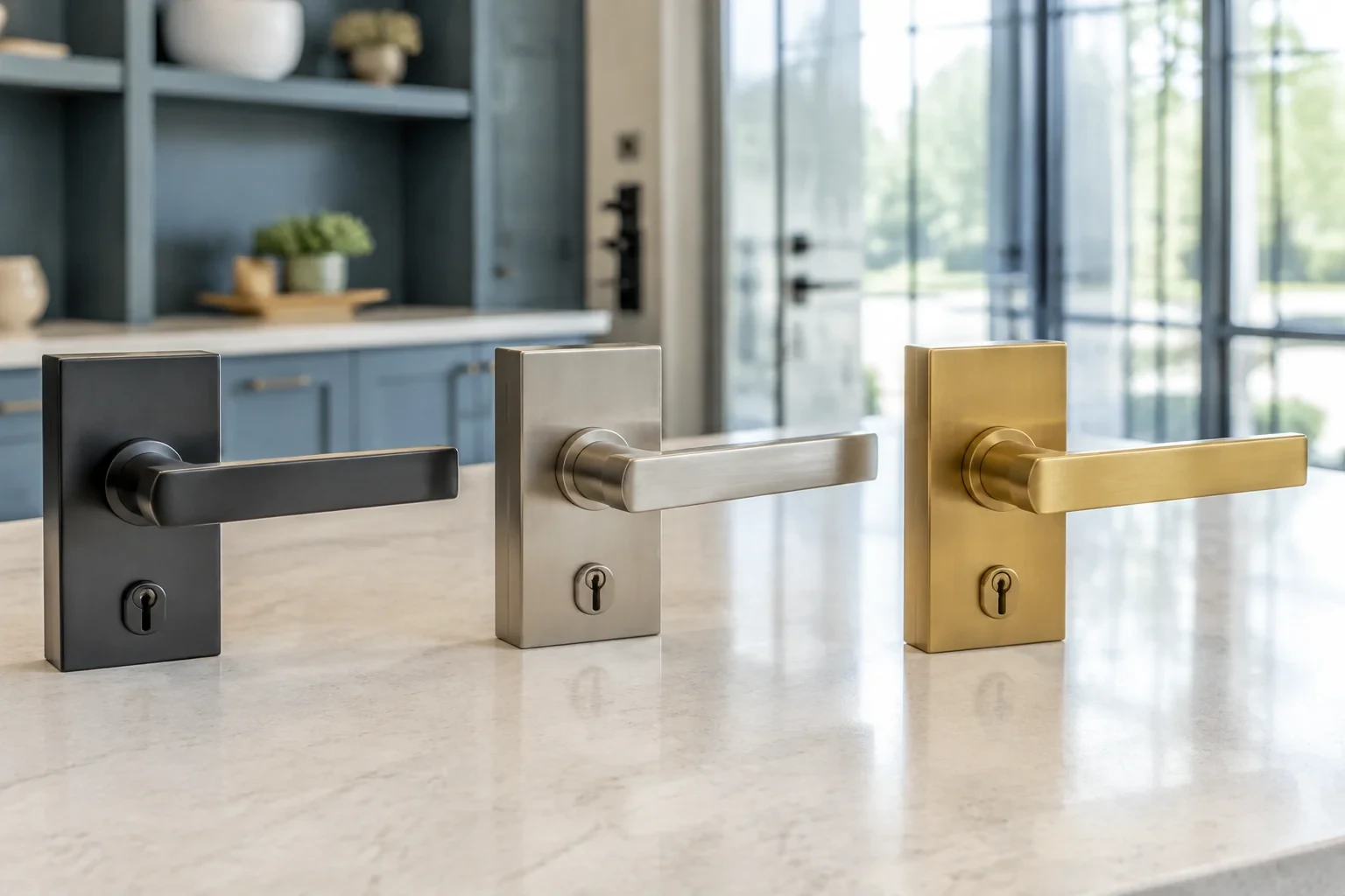 Three rectangular door-handle sets with keyholes in black, silver-colored and gold-colored finishes standing on a countertop.