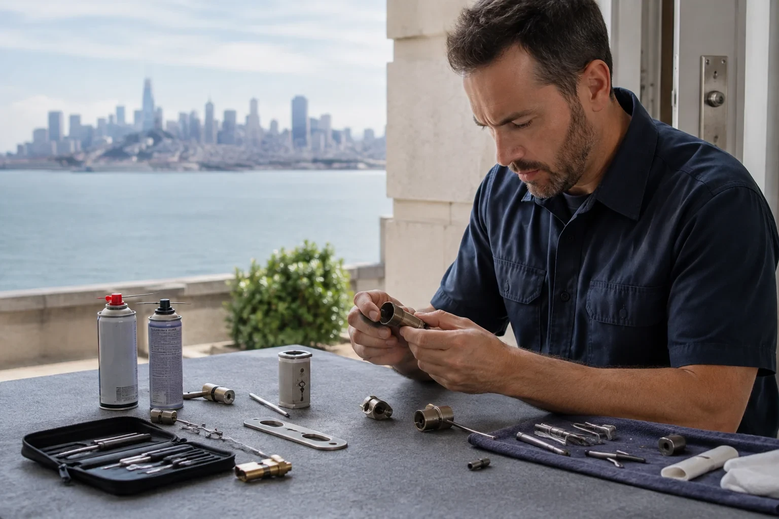 Person handling a lock cylinder at a table with disassembled hardware, small tools and two spray cans beside an open doorway.