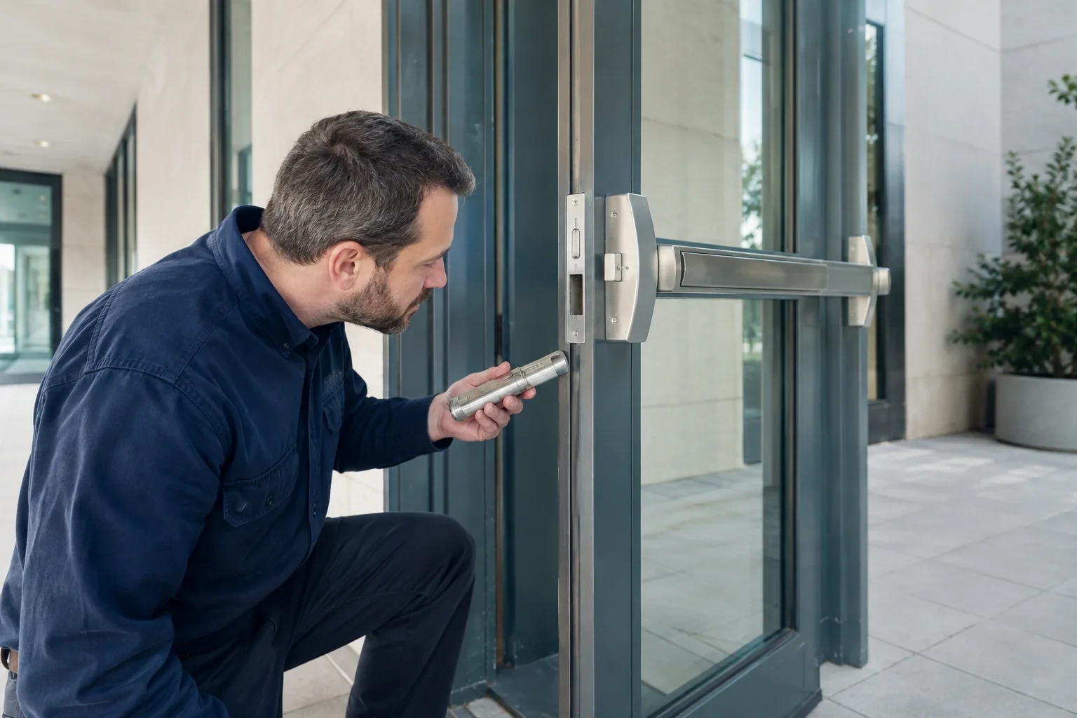 Person holding a flashlight near the edge hardware of an open glass door fitted with a horizontal push bar.