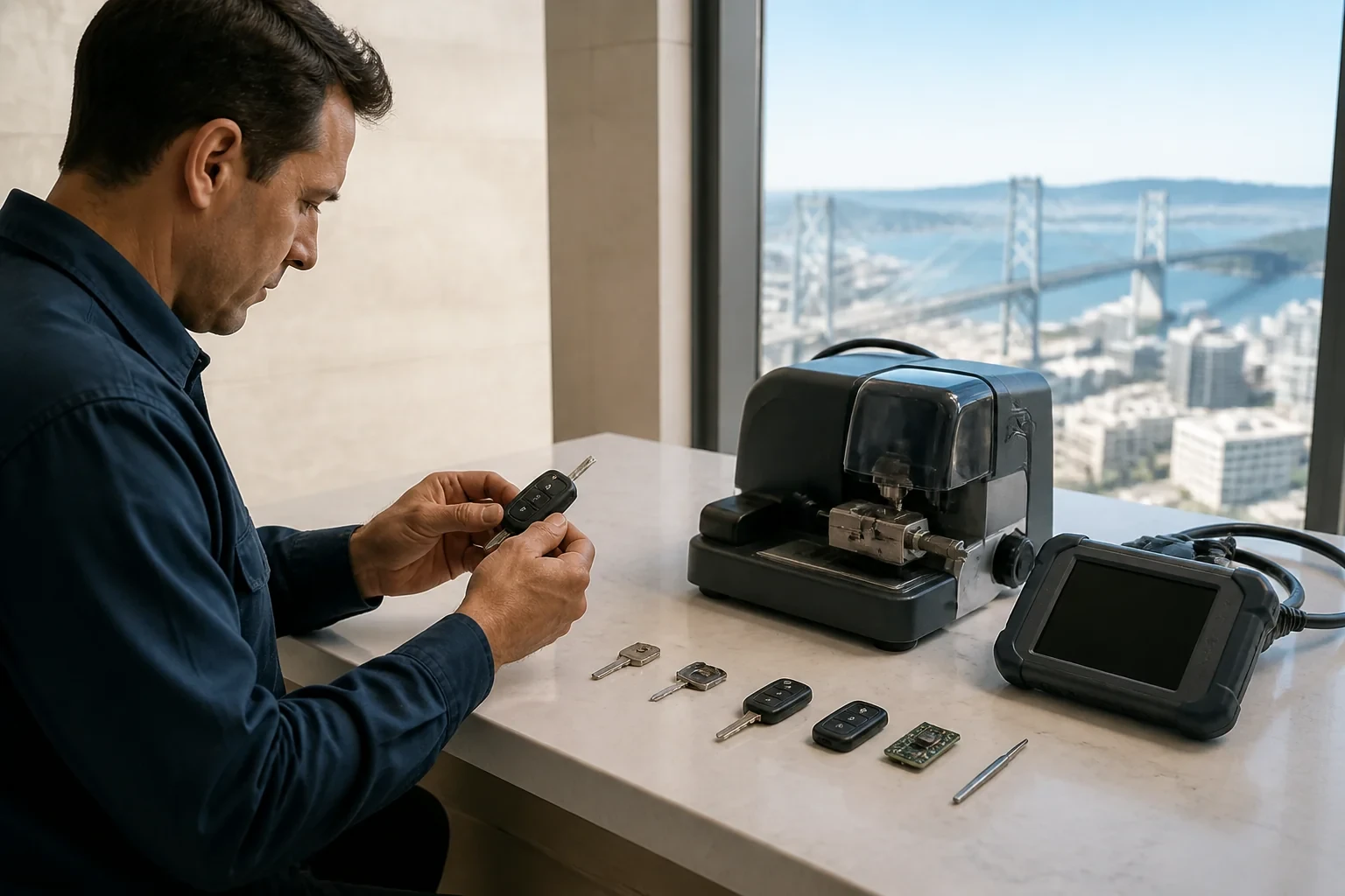 Person holding a car key beside a bench machine and electronic display, with keys and a circuit board arranged on the counter.